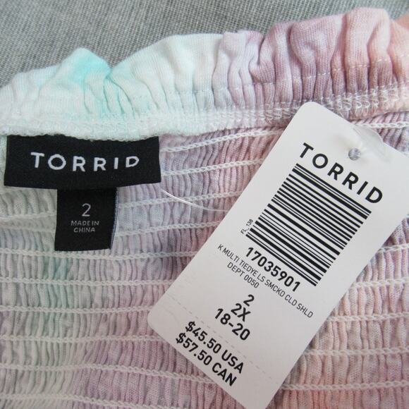 Torrid Top Womens 2 Multicolor Tie Dye Smocked Cold Shoulder Babydoll Hippie NWT - Picture 2 of 8